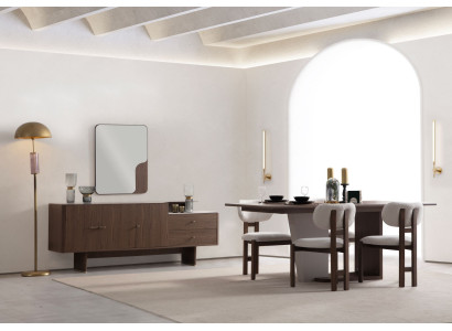 Komplettes Weiß-Braunes Esszimmer-Set Tisch 6x Sitzstühle Sideboard