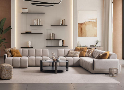 Beige Wohnzimmer Polstercouch Edle Wohnlandschaft Holz Couchtisch