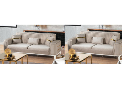 Stilvolle Beige Polstergarnitur Designer Dreisitzer Stoffsofas Couch