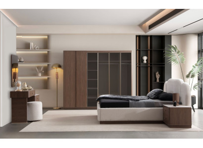 Elegantes Weiß-Braunes Schlafzimmer-Set Doppelbett Nachttische 5tlg