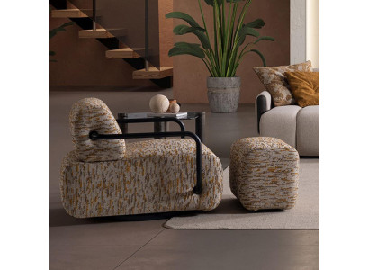 Braun-Beiges Sessel-Set Designer Stoffsessel Luxuriöser Hocker 2tlg