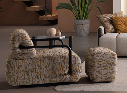 Braun-Beiges Sessel-Set Designer Stoffsessel Luxuriöser Hocker 2tlg