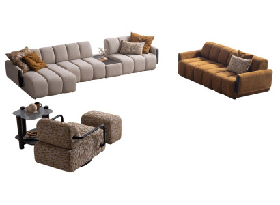 Braun-Beige Wohnzimmer Garnitur Moderne 3-Sitzer Designer Hocker