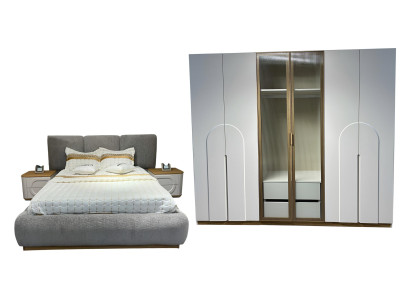 Designer Schlafzimmer Set Polsterbett Holzschrank 2x Nachttische