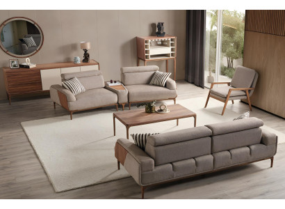 Elegante Wohnzimmer Beige Sofagarnitur Polstersofas Weinschrank 5tlg