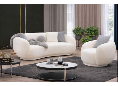 Weiße Wohnzimmer Polstergarnitur Designer 3-Sitzer Rundsessel 2tlg