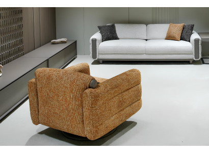 Designer Sitzgarnitur Weißes Stoffsofa Brauner Textilsessel 2tlg