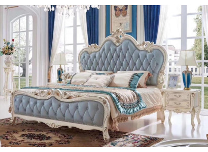 Massivholz Doppelbett mit Kunstleder in Blau Komfort Bett 180x200