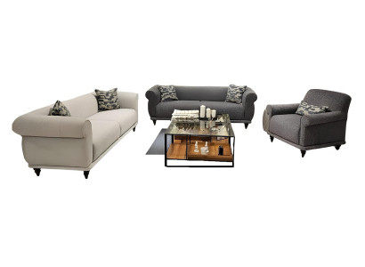 Dreiteiliges Wohnzimmer-Set 2x 3-Sitzer + Sessel in Grau.