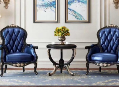 Wohnzimmer Set Blau Kunstleder 2x Sessel Holz Beistelltisch Design