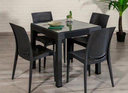 Schwarzes Gartenmöbel Set Designer Rattan Stühle Edler Glastisch