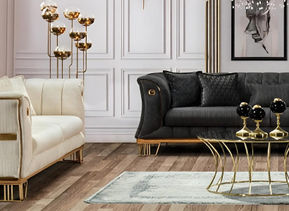 Stilvolle Schwarz-Weiße Sofagarnitur Designer Gold Elemente 3-Sitzer