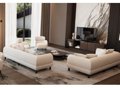 Das Set vereint weiße Sofas Sessel TV-Lowboard und Couchtisch in Braun