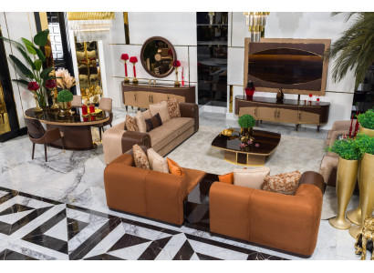 Braun-Beige Wohnzimmer Garnitur Designer Sofas Couchtisch TV-Board