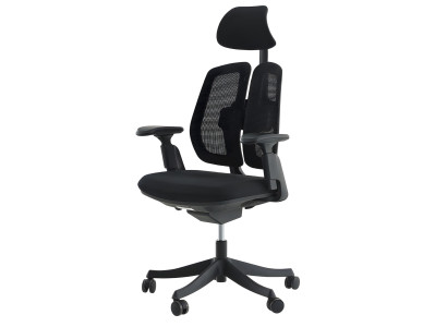 Schwarzer Bürostuhl mit verstellbarer Kopfstütze und Netzrückenlehne