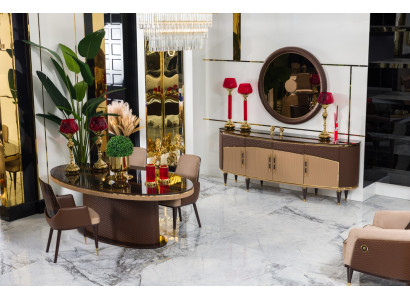 Exklusive Braune Essgruppe Designer 4x Textilstühle Holz Sideboard