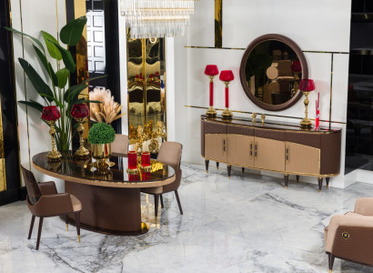 Exklusive Braune Essgruppe Designer 4x Textilstühle Holz Sideboard