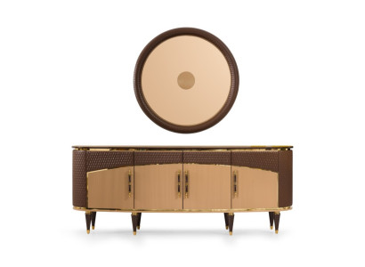 Luxuriöses Wohnzimmer Beiges Sideboard Designer Spiegel Edles Set