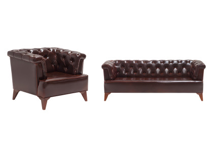 Braune Chesterfield Sofagarnitur Moderne Sessel Designer 2-Sitzer