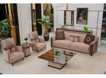 Wohnzimmergarnitur Stoffsofa Sessel Holzcouchtisch stilvoller Beistelltisch