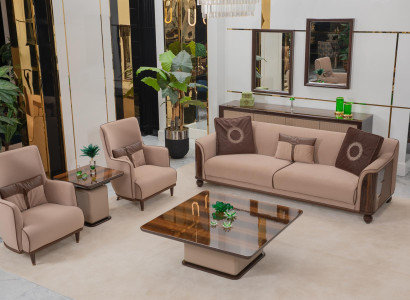Wohnzimmergarnitur Stoffsofa Sessel Holzcouchtisch stilvoller Beistelltisch