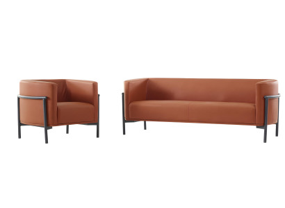Exklusive Orange Sofagarnitur Designer 2x Ledercouchen Metallfüße