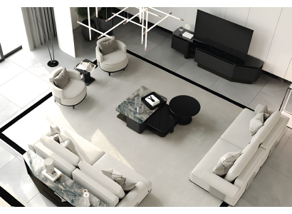 Schwarz-weißes Wohnzimmer-Set Sofas Sessel TV-Möbel Holz-Couchtisch