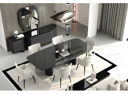 Stilvolles schwarz-weißes Esszimmer-Set Esstisch Stühle Holzkonsole