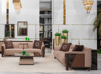 Braun-Beige Wohnzimmer Textilgarnitur Designer Holz Beistelltische