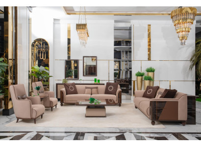 Stilvolle Beige Polstergarnitur Designer 3-Sitzer 2x Sessel Tische