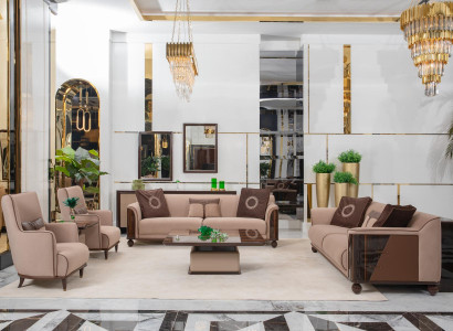 Stilvolle Beige Polstergarnitur Designer 3-Sitzer 2x Sessel Tische