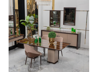Elegante Braun-Beige Esszimmer Garnitur Esstisch 4x Stühle Sideboard