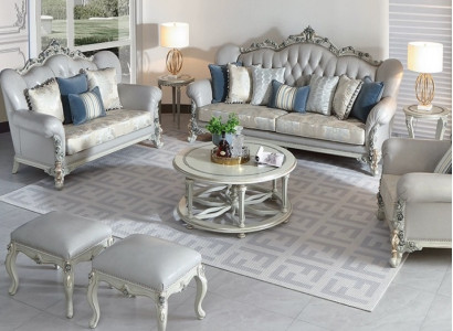 Graue Sofagarnitur Designer 3-Sitzer Couchtisch 2x Hocker Edle Möbel