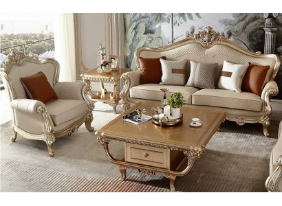 Luxuriöse Klassische Wohnzimmer Sitzgarnitur 3-Sitzer Holztisch