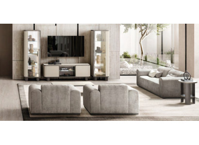 Designer Couchgarnitur Moderner 3-Sitzer Holz TV-Ständer 2x Vitrinen