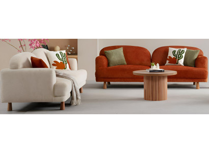 Bequeme Zweifarbige Sofagarnitur Oranger 3-Sitzer Beiges Polstersofa