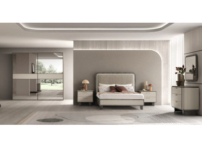 Elegante Schlafzimmer Möbel Beiges Doppelbett 2x Nachttische Kommode