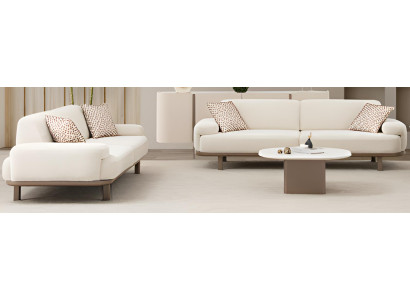 Luxuriöses Wohnzimmer-Set– Weiße Dreisitzer-Sofas, Runder Couchtisch & Sideboard