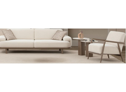 Weißes Wohnzimmer-Set – 3-Sitzer-Sofa, Polstersessel und Runde Beistelltische