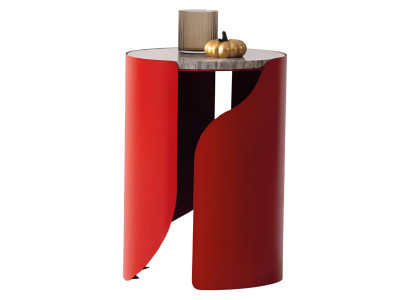 Runder Beistelltisch mit roter Basis und edler grauer Marmorplatte