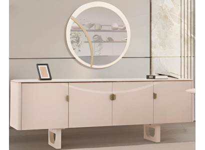 Modernes Beiges Esszimmer-Set – Holzsideboard, Rundspiegel & Esszimmermöbel