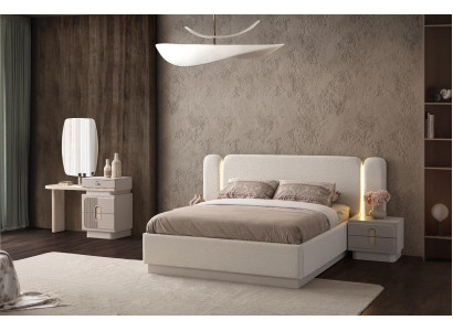 Moderne Beige Schlafzimmergarnitur LED-Bett Holz Nachttische Spiegel
