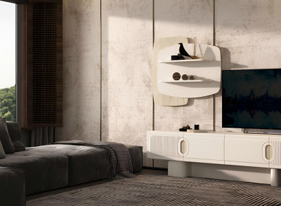 Beiges TV-Board Modernes Wandregal Designer Wohnzimmer Holzmöbel