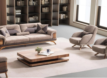 Beige Wohnzimmer Sofagarnitur Textil 3-Sitzer Designer Polstersessel