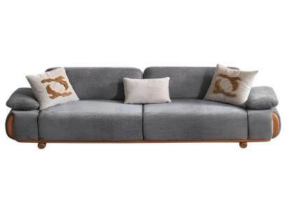 Stilvolles 3-Sitzer Sofa in Grau mit eleganten Holzarmlehnen