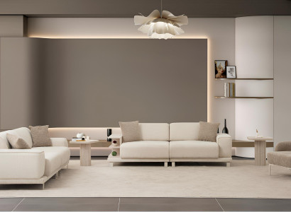 Beigefarbenes Wohnzimmer-Set Stoff 3-Sitzer-Sofa Beistelltische Polstersessel