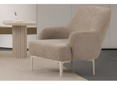 Modernes Wohnzimmer-Set – Weicher Beiger Sessel und Beistelltisch aus Holz