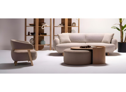 Moderne Beige Wohnzimmer Sitzgarnitur Polster 3-Sitzer Textilsessel