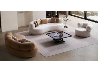 Braun-Weiße Wohnzimmer Couchgarnitur Textilsessel 2x Dreisitzer