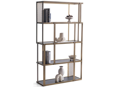 Modisches Bücherregal mit offenen Fächern und Metallgitterdetails